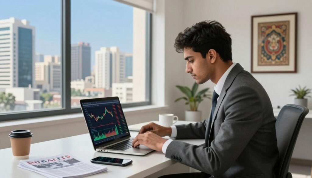 A dynamic and engaging scene depicting online trading in Pakistan. In the foreground, a focused young professional in business attire, sitting at a sleek laptop while analyzing stock charts on the screen. The individual is surrounded by a neat workspace filled with trading essentials like a smartphone, financial news articles, and a coffee cup. In the middle ground, a large window reveals a bustling cityscape of Karachi with modern office buildings and a clear blue sky. The background features minimalistic décor, showcasing a blend of technology and culture, such as a framed piece of traditional art. The lighting is bright and natural, evoking a sense of productivity and innovation. The overall mood is one of ambition and determination, suitable for an article on online trading in Pakistan.