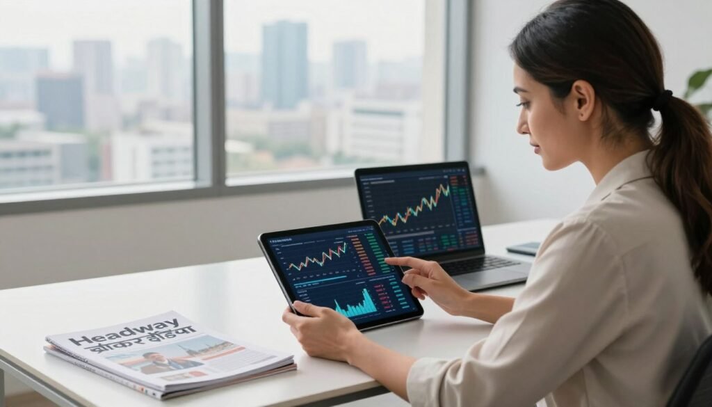 A professional financial advisor's workspace showcasing "Headway ब्रोकर इंडिया". In the foreground, an elegantly dressed male or female advisor reviews market charts on a digital tablet, displaying various financial graphs and investment insights. The advisor exhibits a confident and approachable demeanor, promoting trust and expertise. In the middle ground, a sleek modern desk is adorned with financial magazines and a laptop, reflecting a high-tech approach to investment strategies. The background features large windows with a city skyline view, illuminated by soft, natural daylight, creating a bright and inviting atmosphere. The overall mood is one of professionalism, innovation, and reassurance, symbolizing the importance of guidance for Indian investors. The scene should be well-composed, shot from a slight angle to add depth and interest.